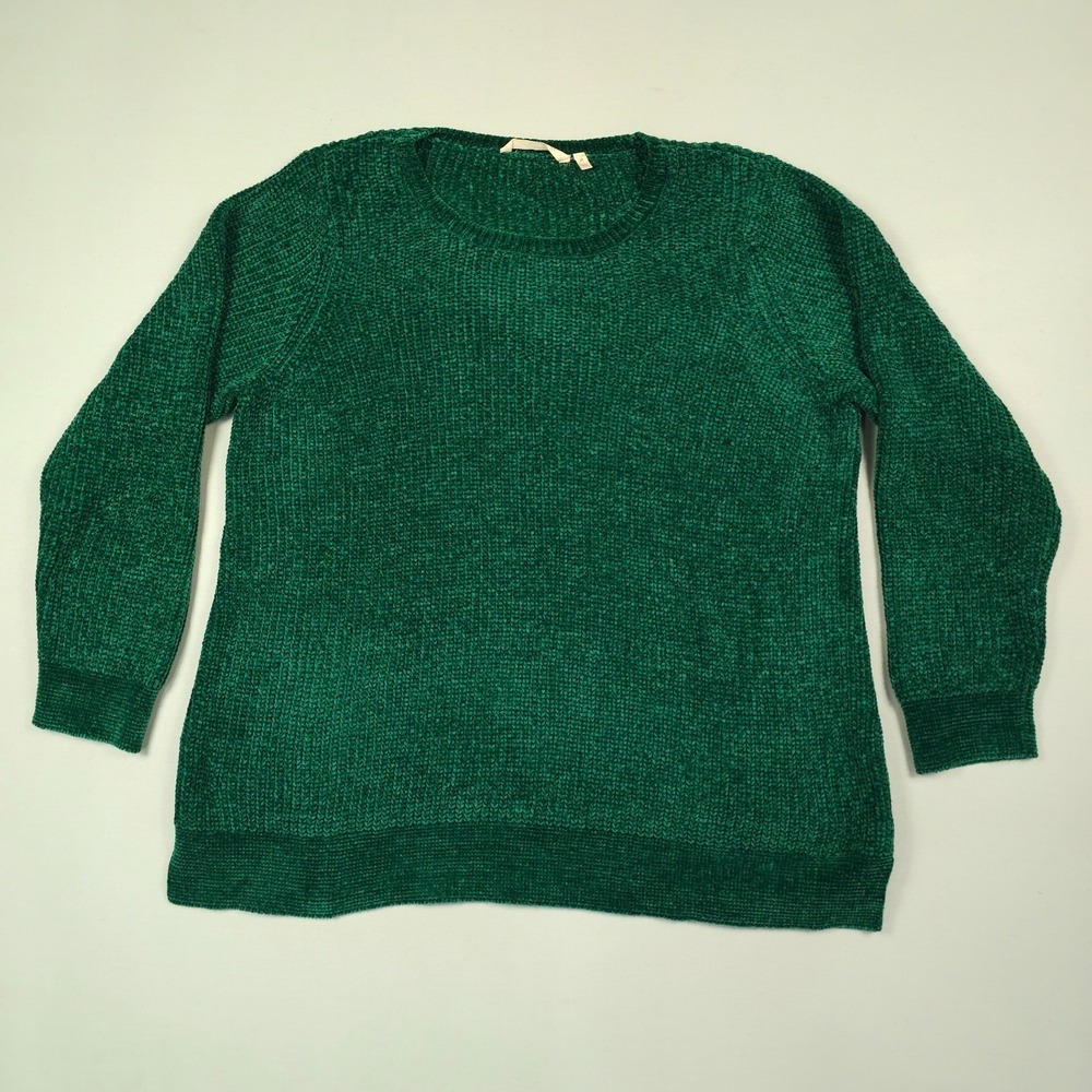 Soft Surroundings Sweater Women 2X Green Sweater Chunky Knit Side Slit Crew Neck